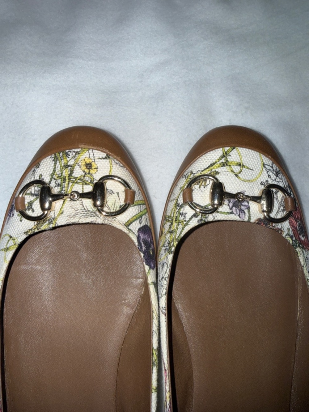 Gucci Brown Leather & Cream Floral Canvas Horsebit Ballet Flats - Picture 7 of 8